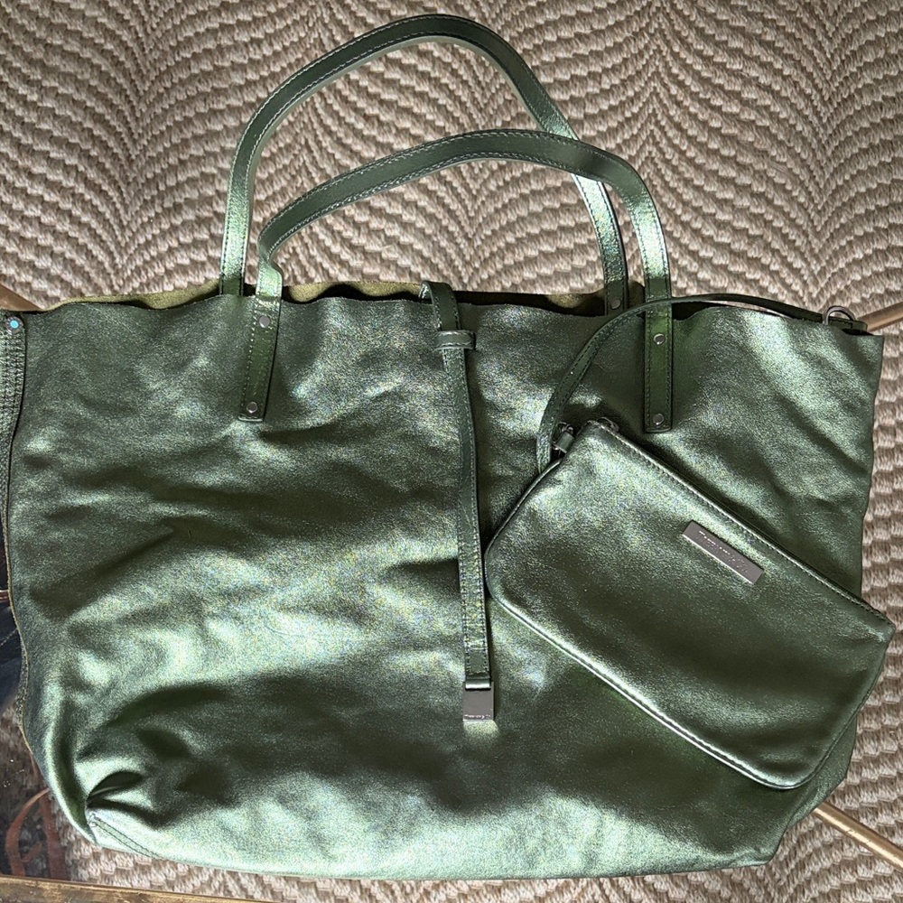 Reversible Green Leather Tote Bag with Pouch